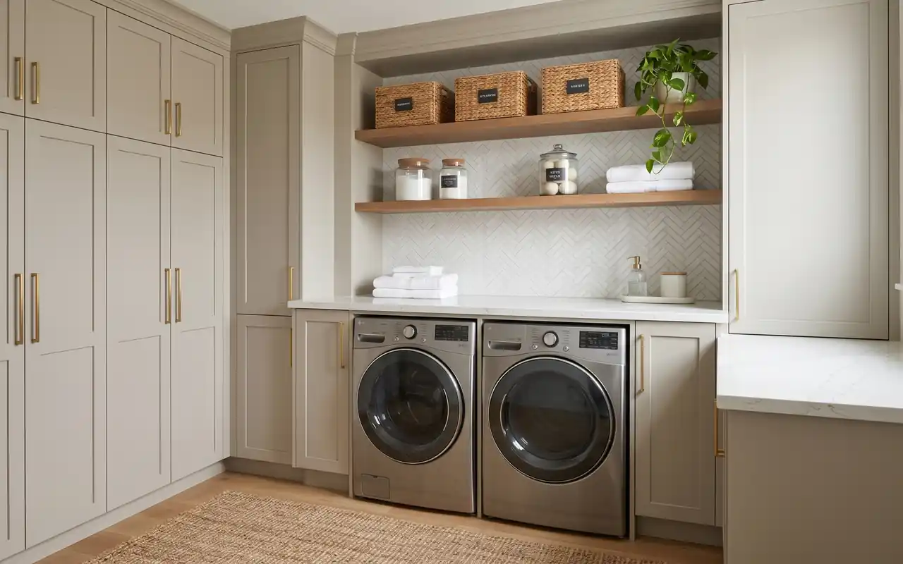 A luxurious laundry room featuring floor-to-ceiling warm greige cabinets and white quartz counters.