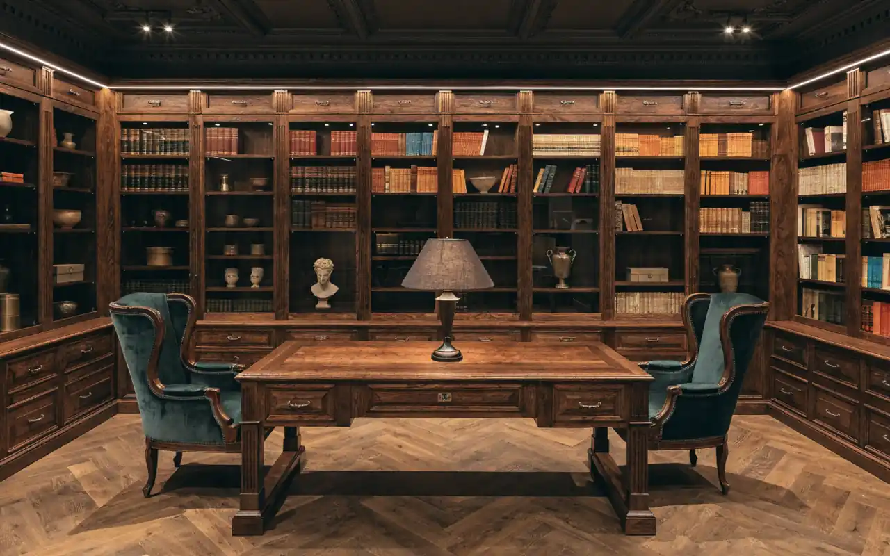 Custom floor-to-ceiling walnut bookshelves filled with books and high-end artifacts.