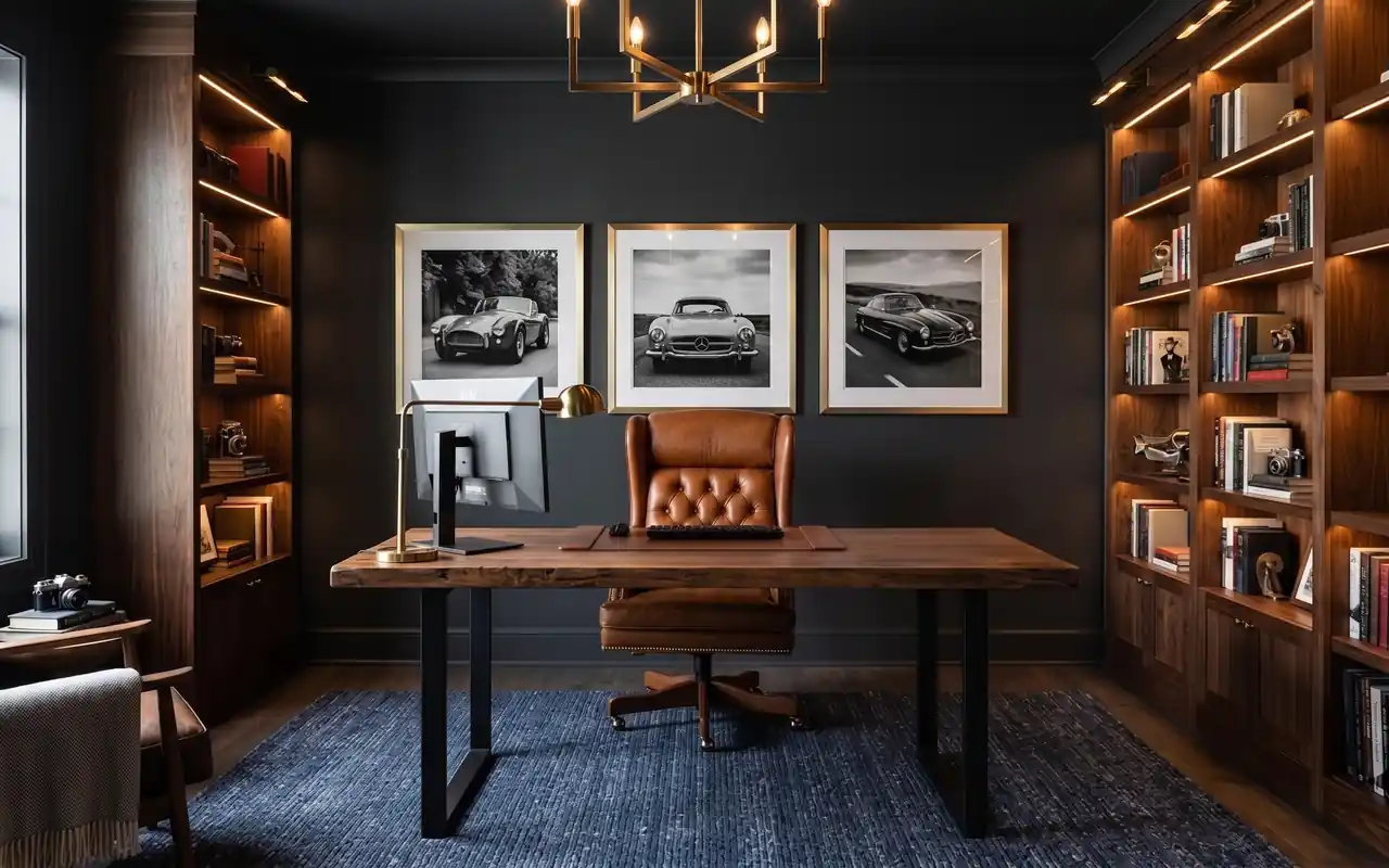 A luxurious man cave office with dark charcoal walls, a leather executive chair, and built-in bookshelves.