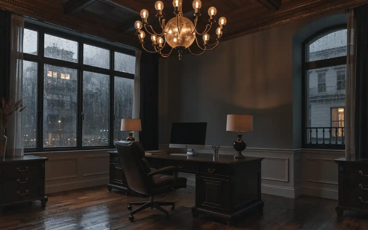 A stylish office space with a brass sputnik chandelier and warm LED shelf lighting.