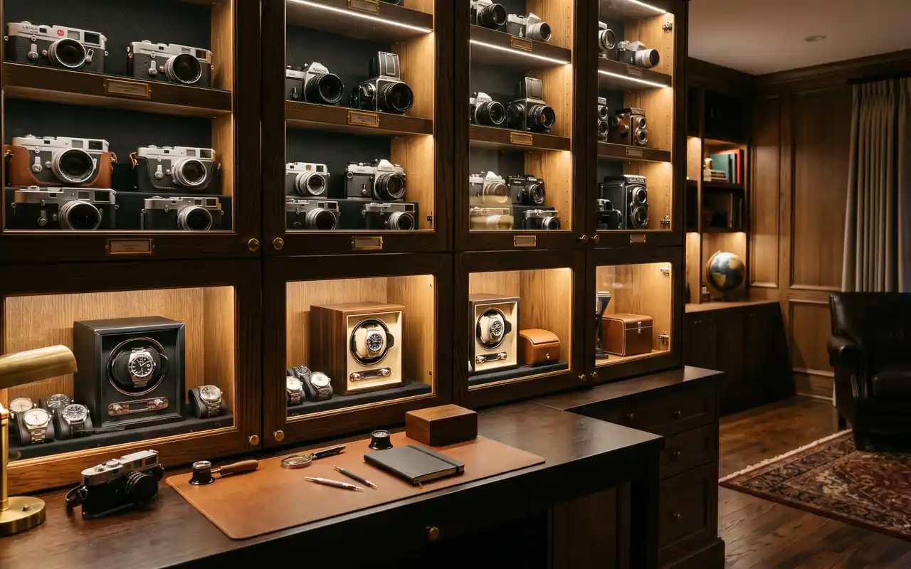 An organized hobby area in a man cave with glass-front cabinets and a wood workbench.