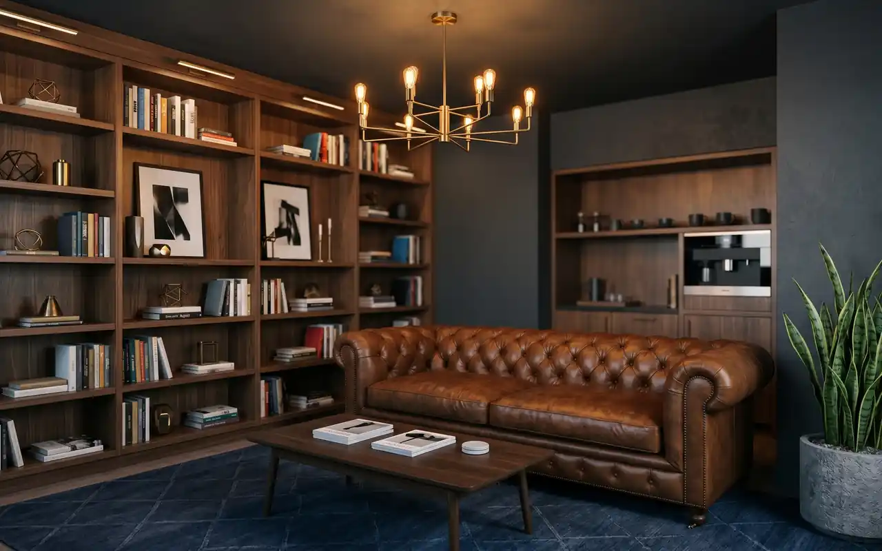 A luxurious man cave with charcoal walls, a leather chair, and custom walnut shelving.