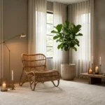 A luxurious home meditation room with a rattan chair, soft linen drapes, and warm ambient lighting.