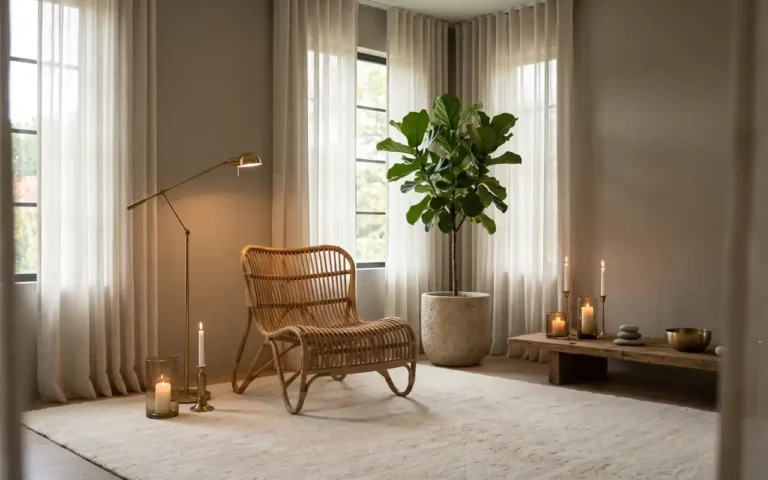 A luxurious home meditation room with a rattan chair, soft linen drapes, and warm ambient lighting.