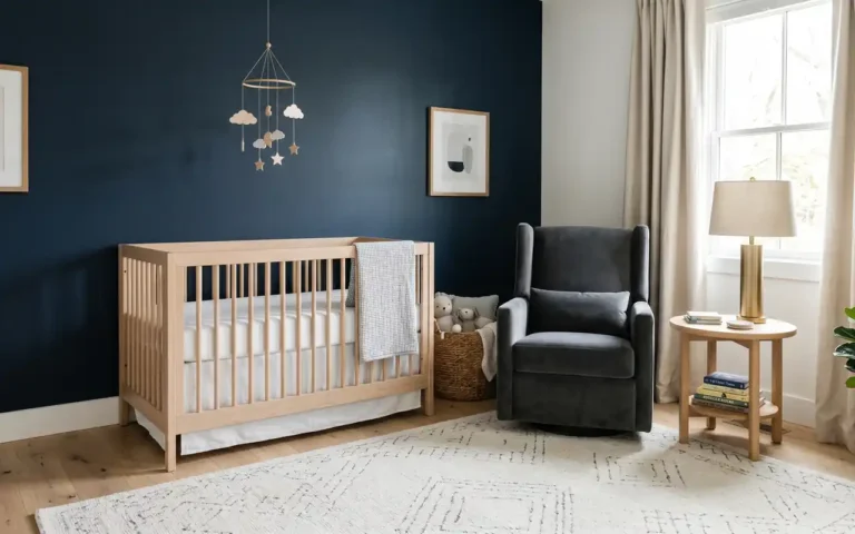 A luxurious boy nursery with navy walls, soft oak furniture, and a modern brass chandelier.