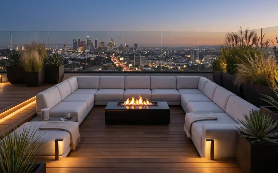 A modern roof terrace with modular grey seating, glass railings, and a city view.