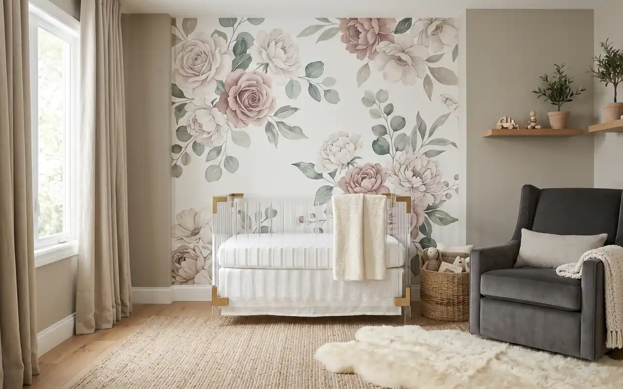 A luxurious nursery room with an acrylic crib, warm greige walls, and a large floral mural.