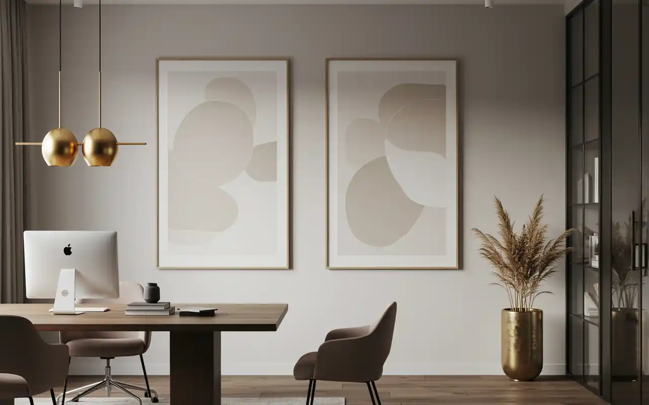 Minimalist framed art in a sleek black frame hanging on a professional office wall.