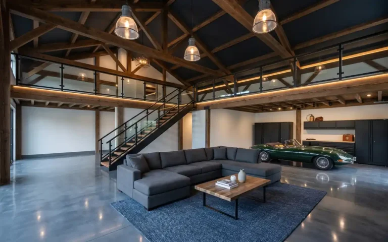 A luxurious pole barn man cave with a mezzanine loft, polished floors, and exposed timber trusses.