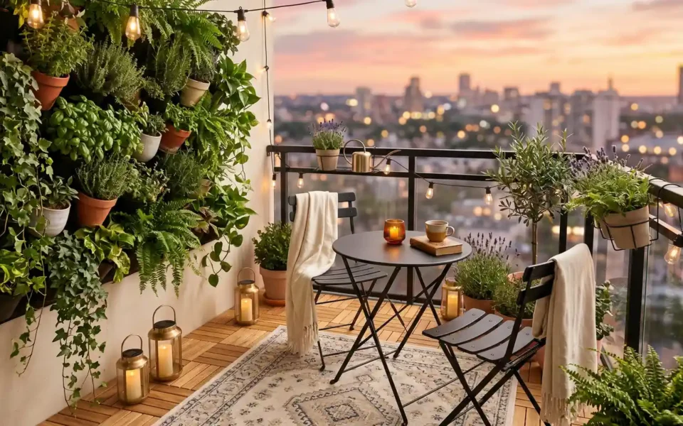 A luxury small balcony with a folding bistro set, vertical garden, and warm string lights at dusk.