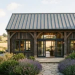 A luxurious small barn house with timber framing, large windows, and a metal roof in a country setting.