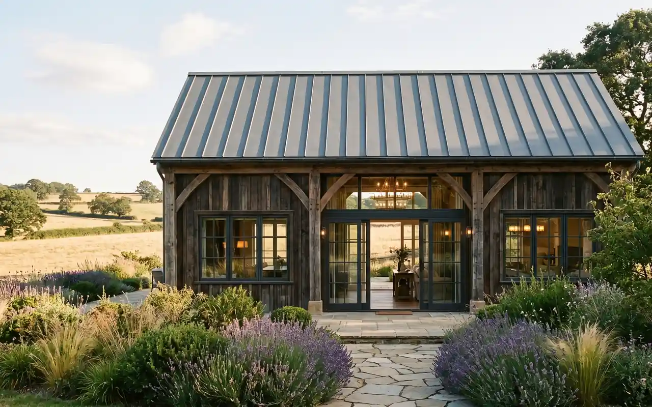 A luxurious small barn house with timber framing, large windows, and a metal roof in a country setting.