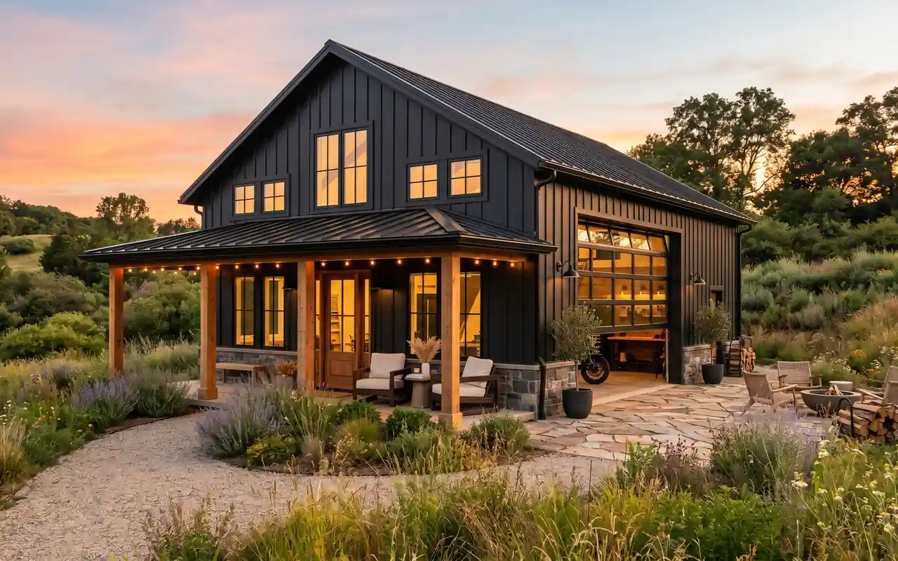 A luxury small barndominium with black metal siding, wood accents, and a wrap-around porch.