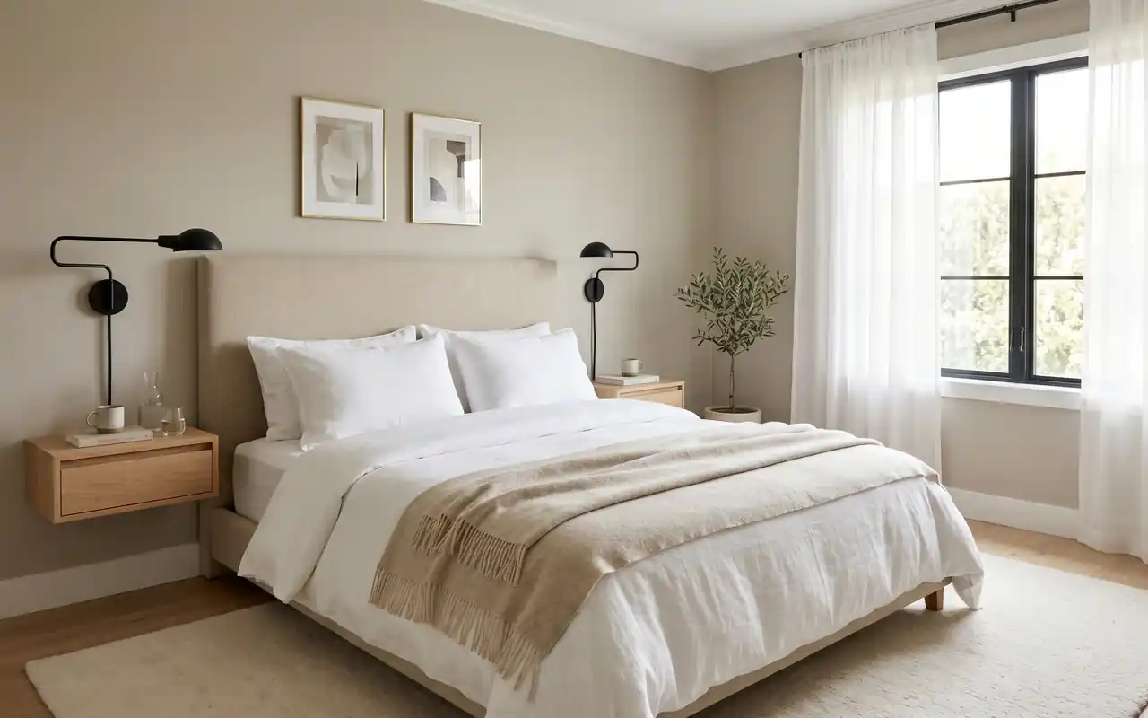 A luxurious small bedroom with light oak accents, white bedding, and soft natural light.