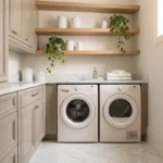 A luxurious small laundry room with warm greige cabinets and white marble countertops.