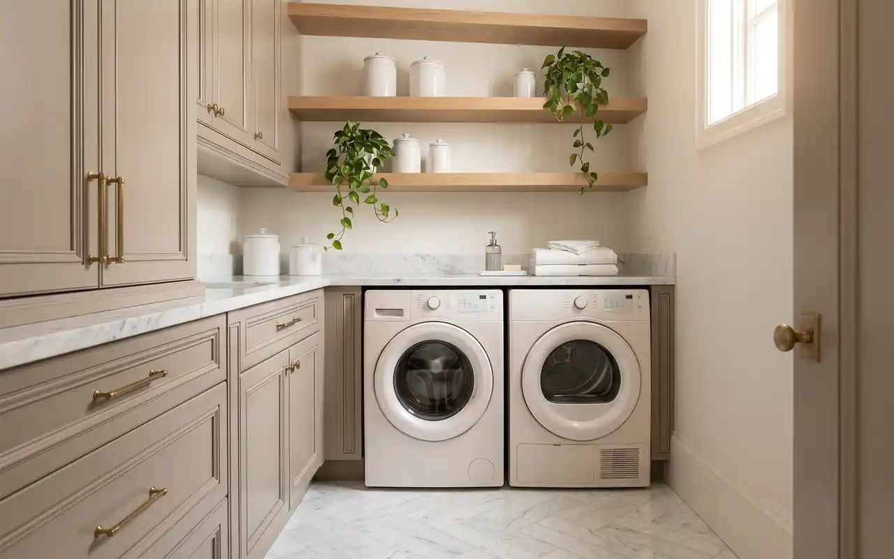 A luxurious small laundry room with warm greige cabinets and white marble countertops.