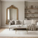 A luxurious small living room with a warm greige palette, light oak floors, and large mirrors.