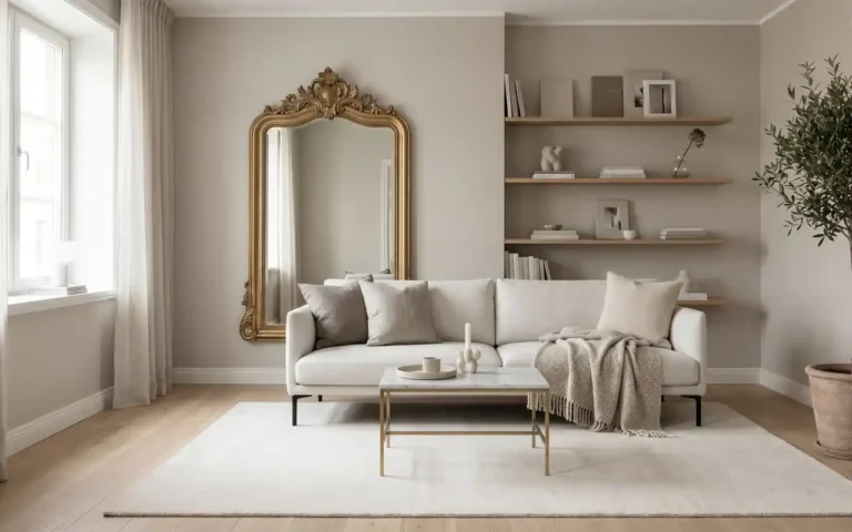 A luxurious small living room with a warm greige palette, light oak floors, and large mirrors.