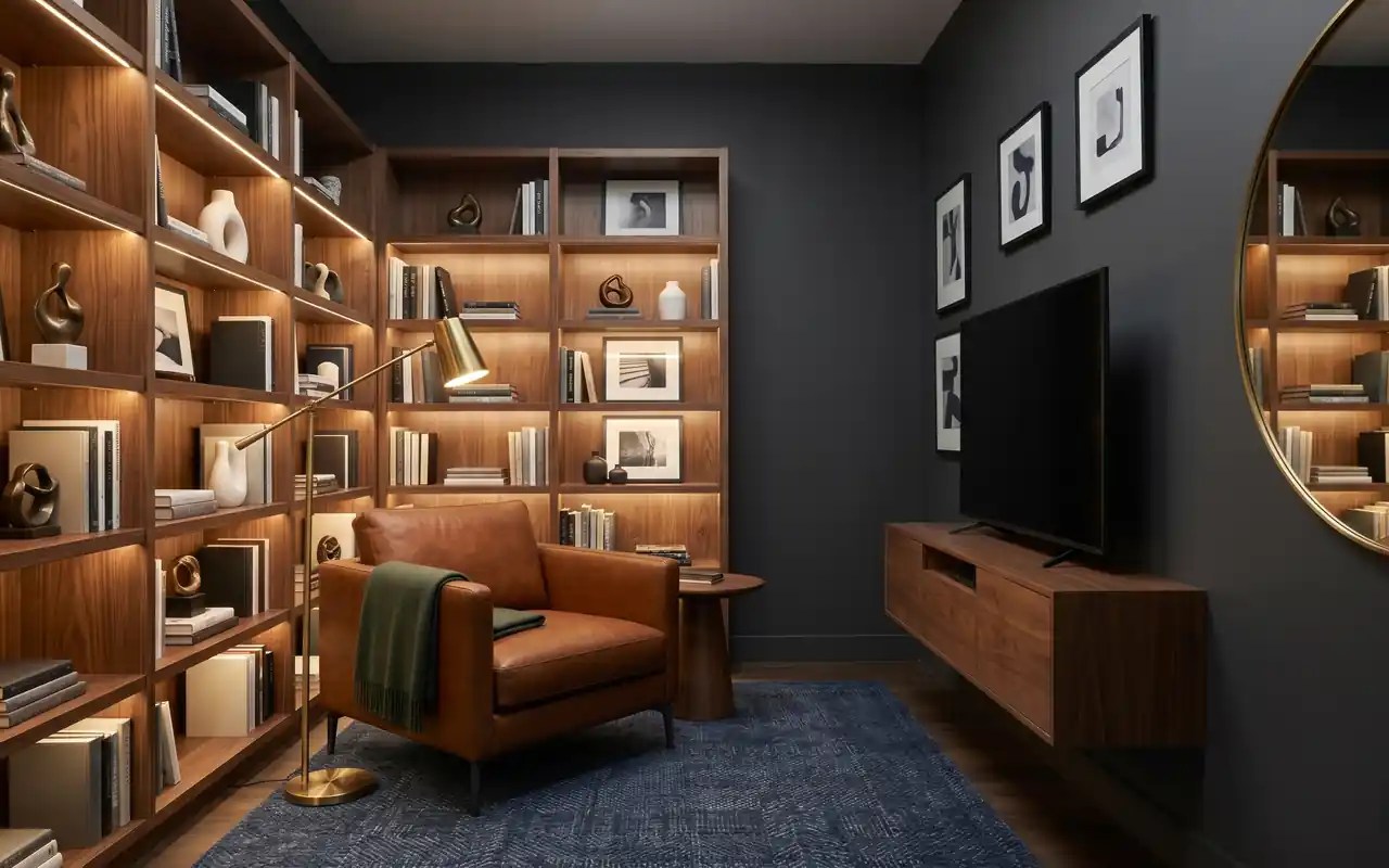 A luxurious small man cave with charcoal walls, floating shelves, and a leather club chair.