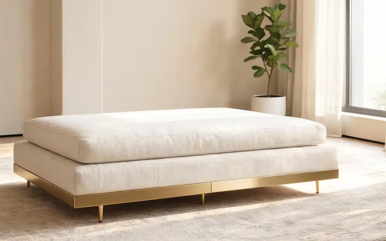 A wide upholstered platform meditation seat with brushed brass accents in a sophisticated room.