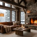 A luxurious winter cabin living room with high wood-beamed ceilings and a large stone fireplace.