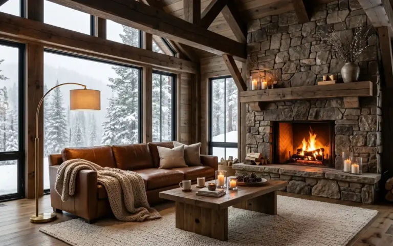 A luxurious winter cabin living room with high wood-beamed ceilings and a large stone fireplace.