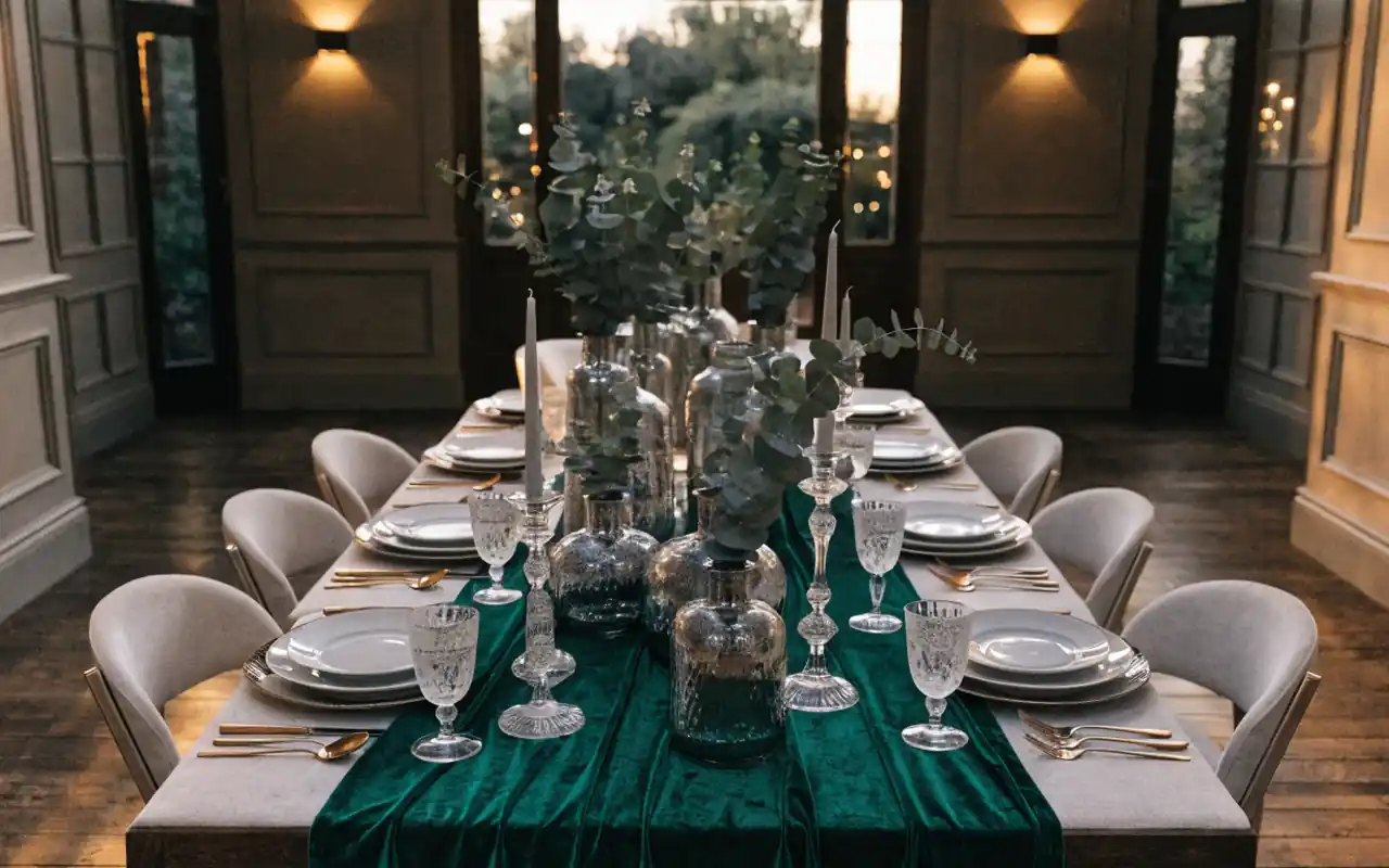An editorial-style winter dining table with a velvet runner and mercury glass vases.
