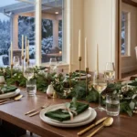 A luxurious winter tablescape with evergreen runners, brass tapers, and white linen napkins.