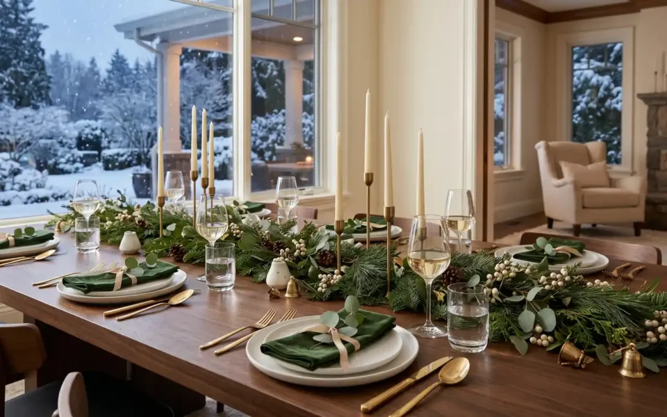 A luxurious winter tablescape with evergreen runners, brass tapers, and white linen napkins.