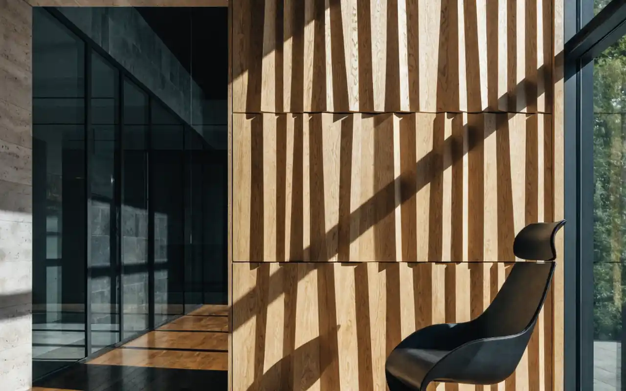 Modern wood slat acoustic panels on a wall in a sophisticated home office.