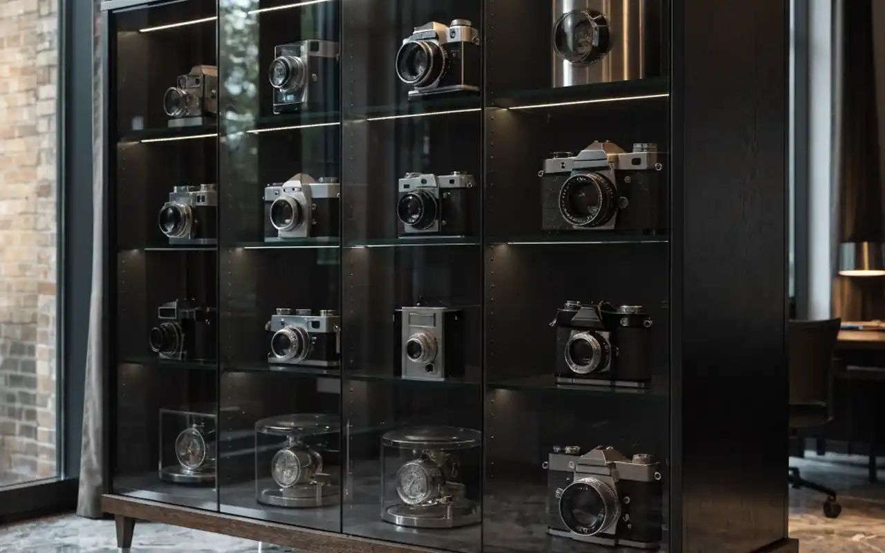 A desk area in a man cave office with glass-front cabinets displaying vintage cameras and awards.