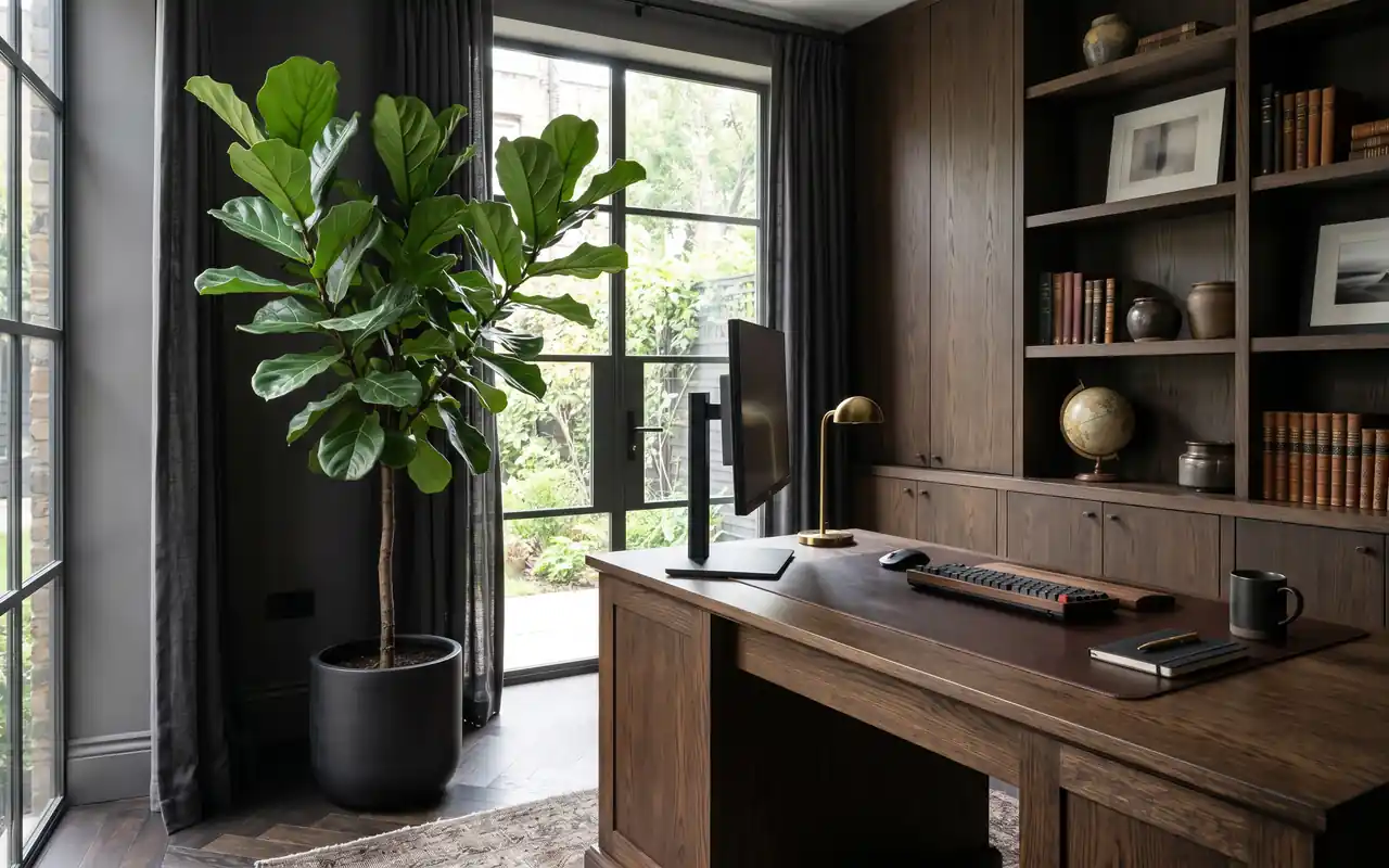 A tall Snake Plant in a stone planter softening the corner of a moody home office.