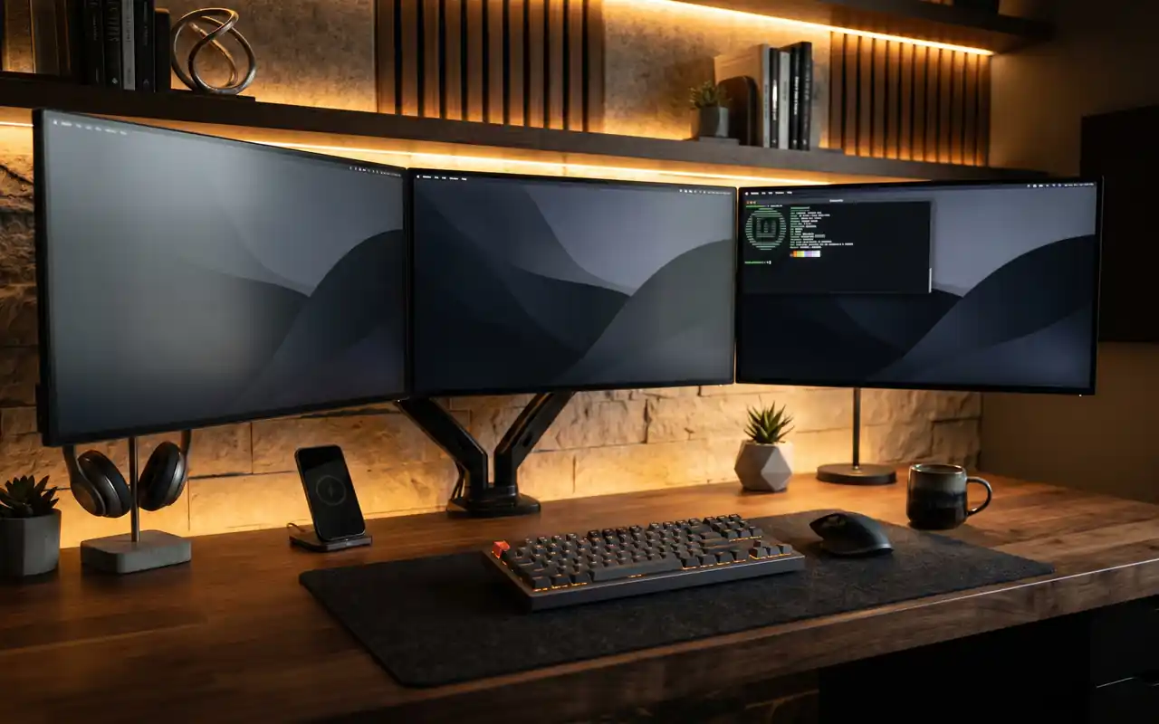 A modern man cave tech hub with three monitors, hidden cables, and warm LED accent lighting.
