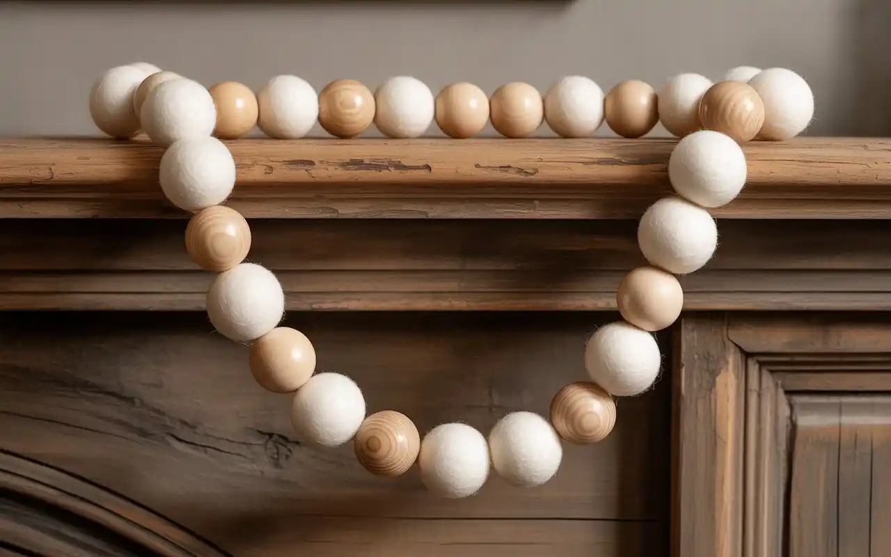 A minimalist garland of white felt balls and wooden beads draped over a wooden mantle.