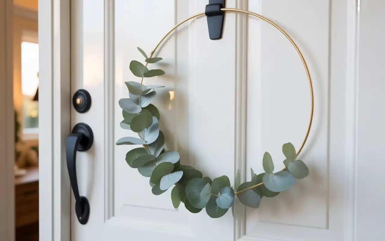 A modern gold hoop wreath with eucalyptus leaves on a white front door.
