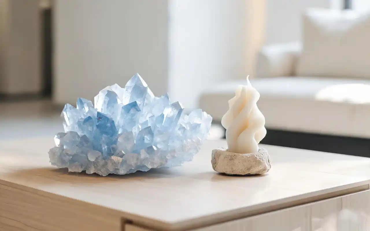 A minimalist coffee table arrangement with a single crystal and a sculptural candle.