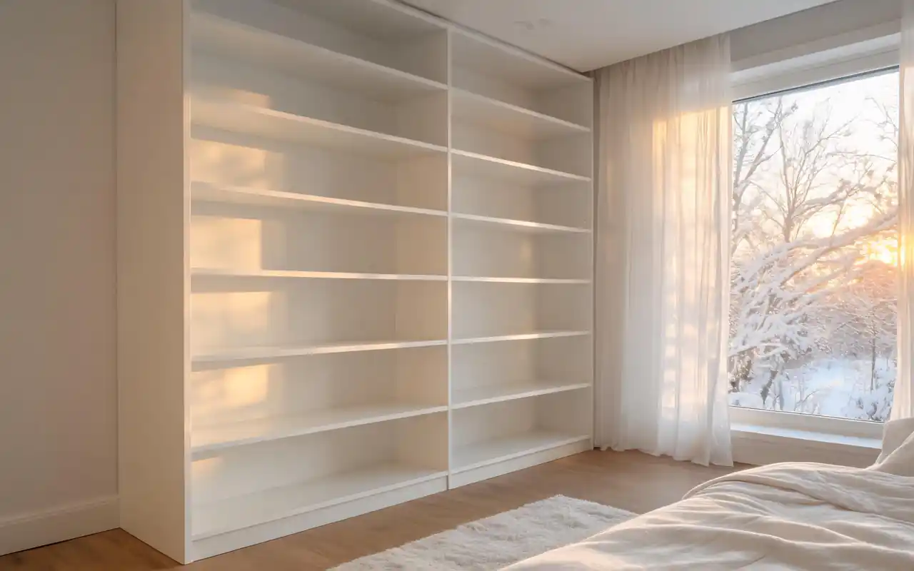 A clean, empty white shelving unit being prepped for a spring decor refresh.