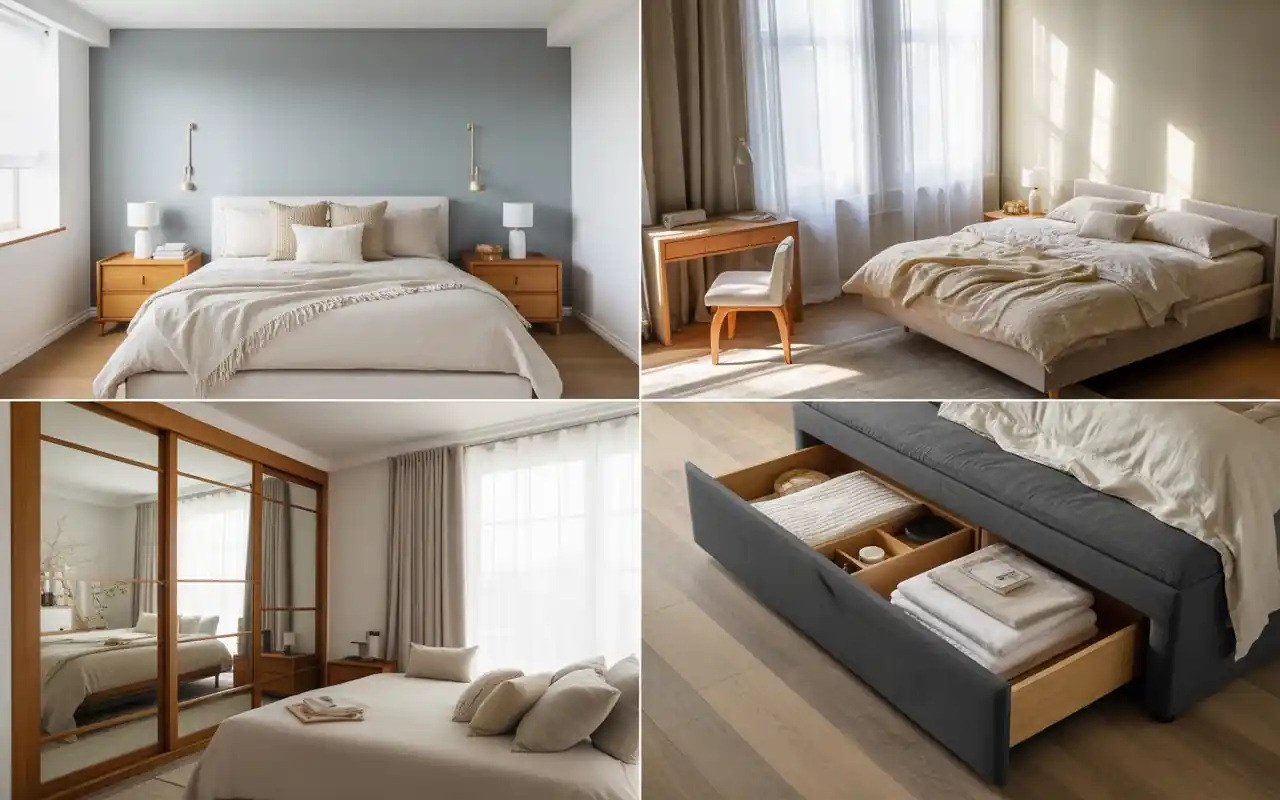 Bedroom with a large mirrored closet reflecting the bed