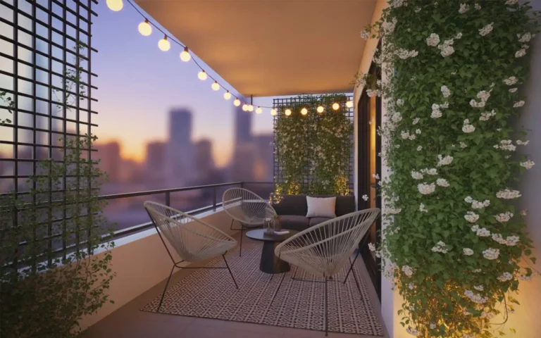 Modern balcony with a cozy rug, string lights, and small table set