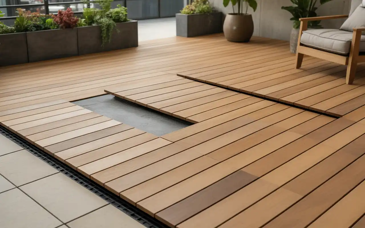 Interlocking light oak deck tiles installed on a small urban balcony floor.