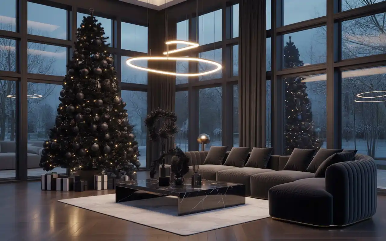 A modern living room with black accents, charcoal sofa, and a black decorated tree.