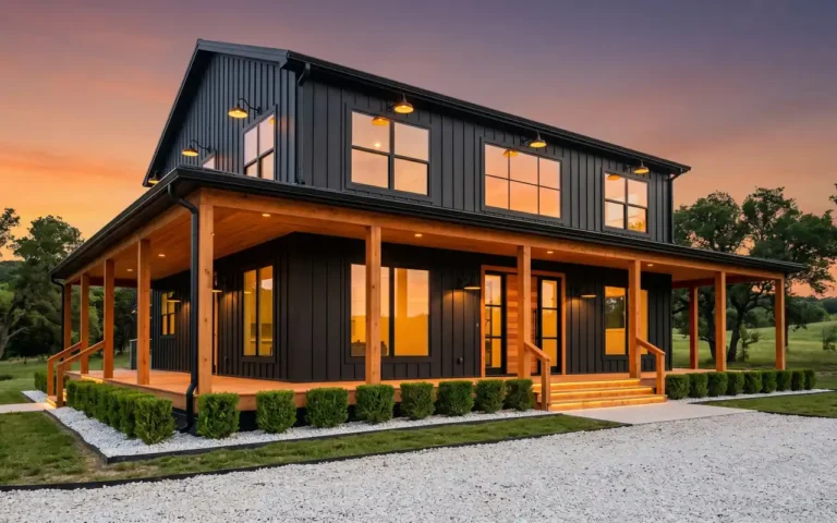 A modern matte black barndominium with large glass windows and light wood accents.