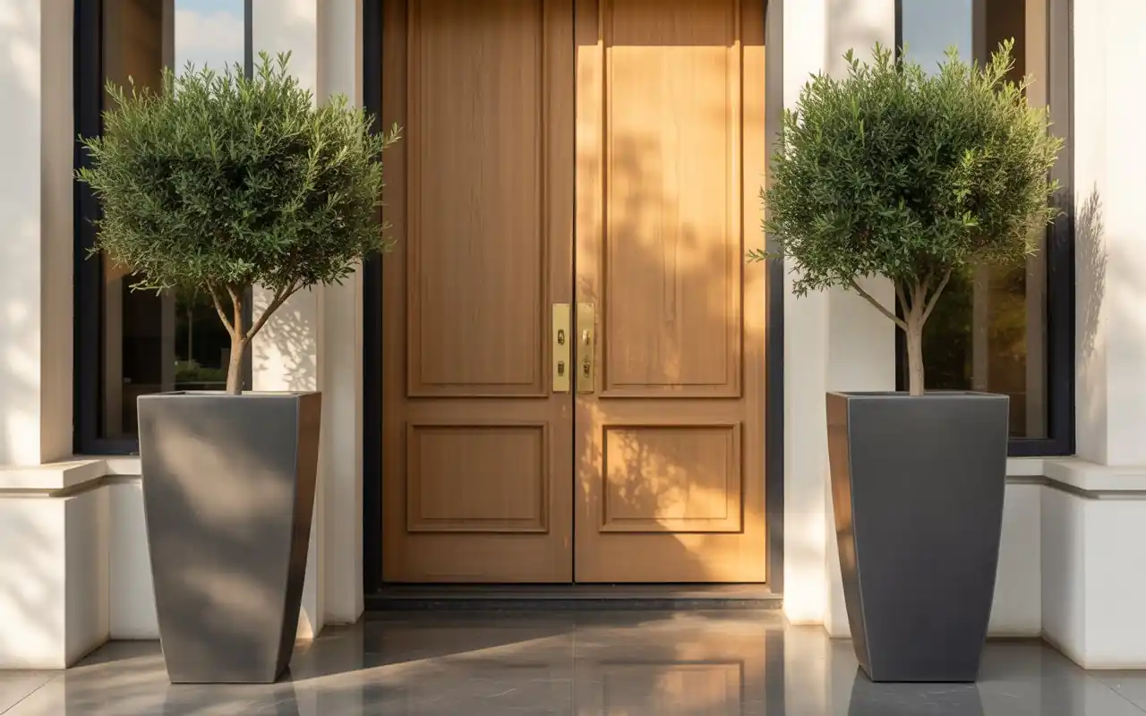 Close-up of large matte black industrial sconces on a white brick front porch.