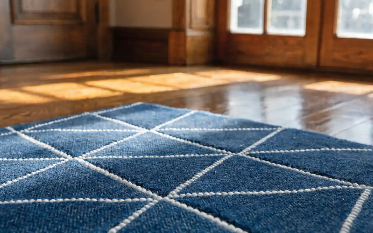 Close-up of a low-pile geometric navy rug in a bright, modern boy nursery.