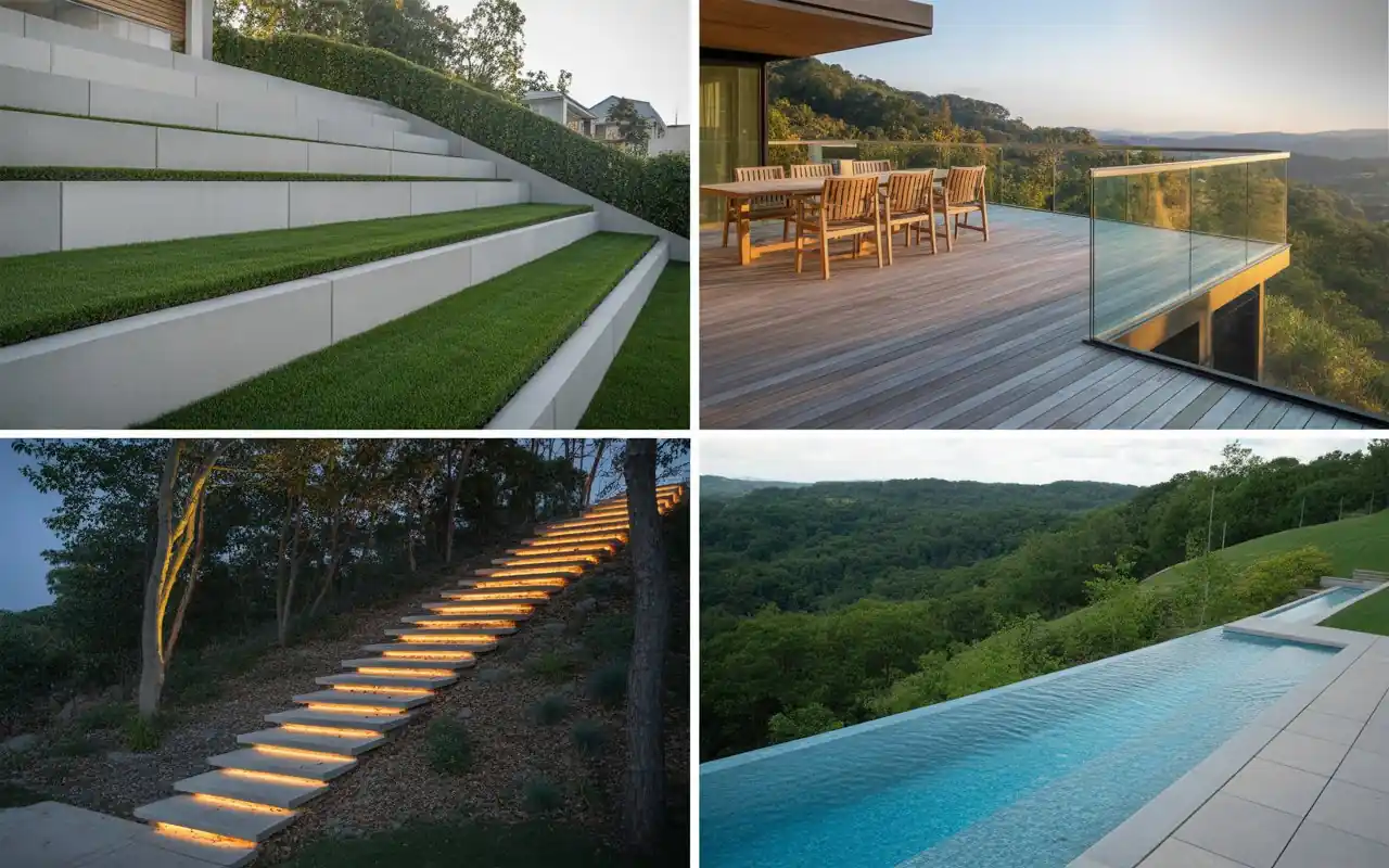 Clean-lined grey concrete retaining walls creating flat lawn tiers on a hill.