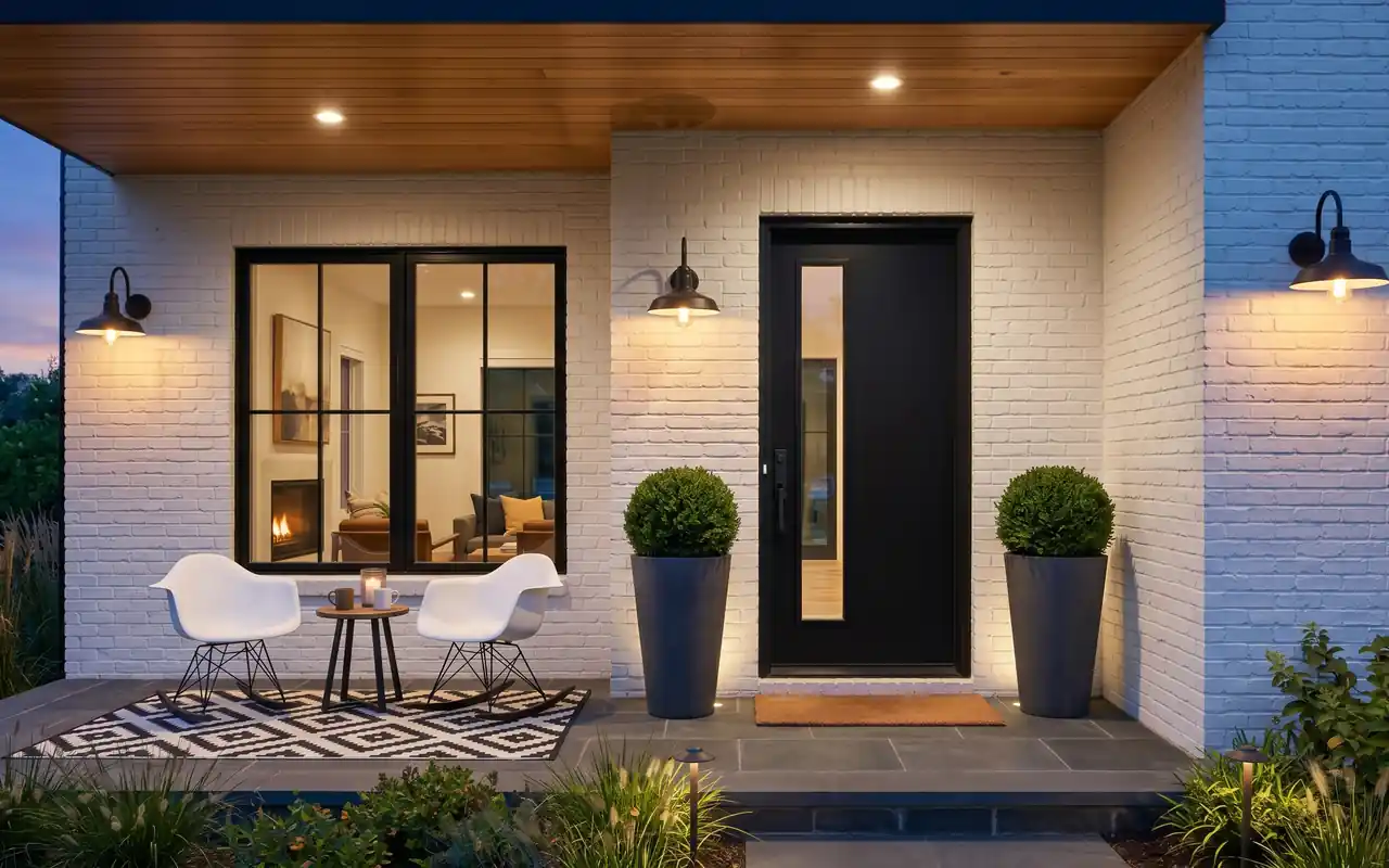 A modern front porch with a black door, cedar wood ceiling, and warm glowing lights.
