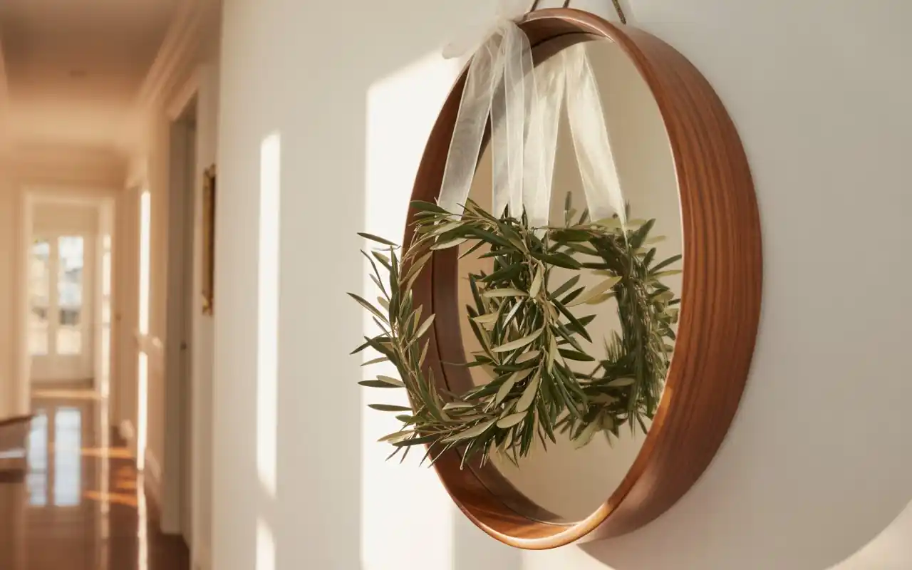 A minimalist gold hoop wreath with asymmetrical greenery and white flowers against a white wall.