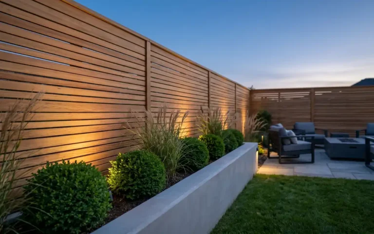 A modern backyard with a high-end horizontal cedar slat privacy fence and green plants.