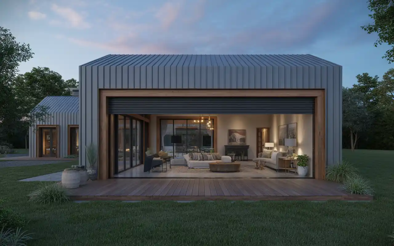 The exterior of a sleek off-white metal barndominium with a modern glass garage door.