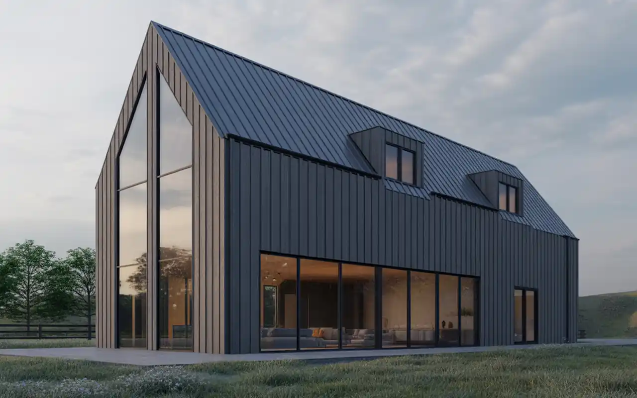 A contemporary modern barn house exterior with a dramatic sloping roof and black-framed windows.